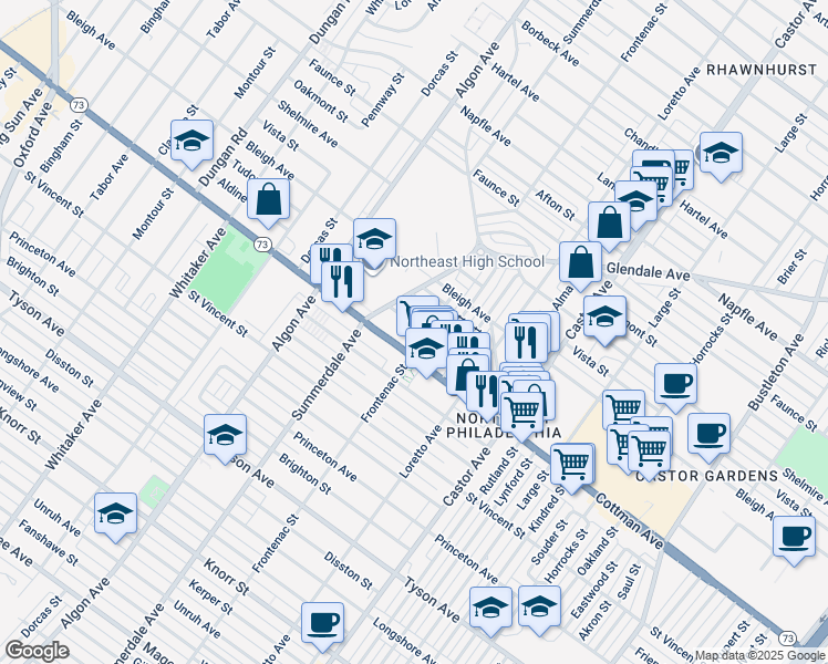 map of restaurants, bars, coffee shops, grocery stores, and more near 7324 Frontenac Street in Philadelphia