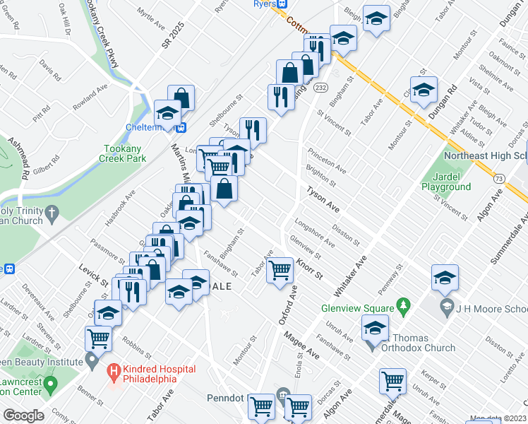 map of restaurants, bars, coffee shops, grocery stores, and more near 543 Glenview Street in Philadelphia