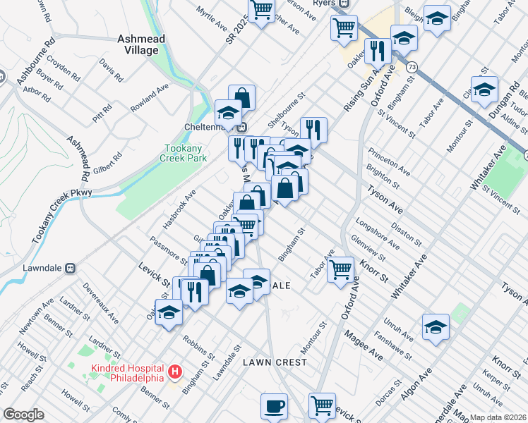 map of restaurants, bars, coffee shops, grocery stores, and more near 6732 Rising Sun Avenue in Philadelphia