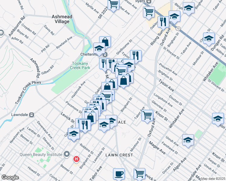 map of restaurants, bars, coffee shops, grocery stores, and more near 6732 Rising Sun Avenue in Philadelphia