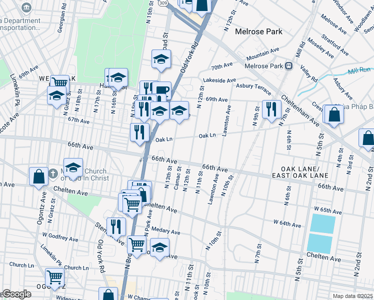 map of restaurants, bars, coffee shops, grocery stores, and more near 6612 North 12th Street in Philadelphia