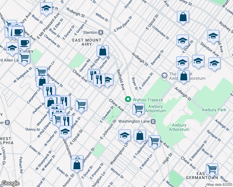 map of restaurants, bars, coffee shops, grocery stores, and more near 390 East Upsal Street in Philadelphia