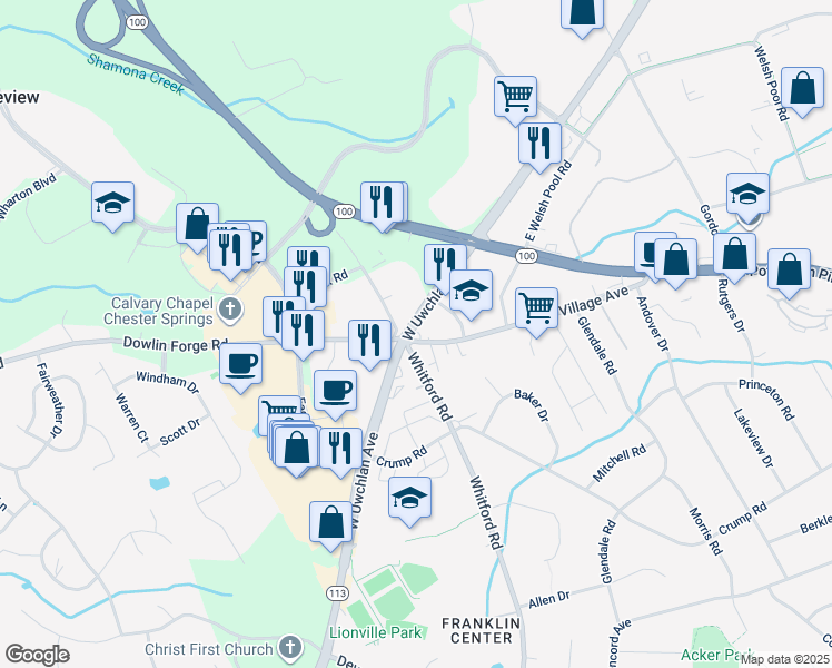 map of restaurants, bars, coffee shops, grocery stores, and more near 3 North Village Avenue in Exton
