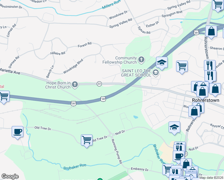 map of restaurants, bars, coffee shops, grocery stores, and more near 2529 Marietta Avenue in Lancaster