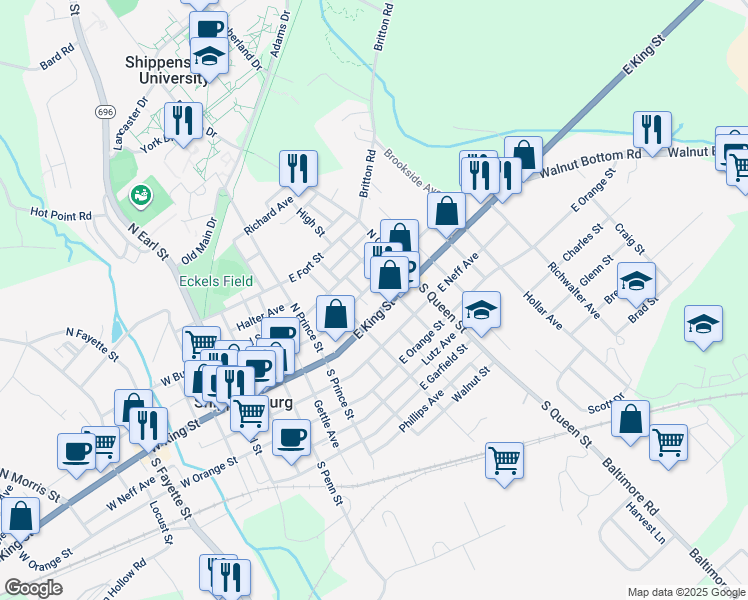 map of restaurants, bars, coffee shops, grocery stores, and more near 359 East King Street in Shippensburg