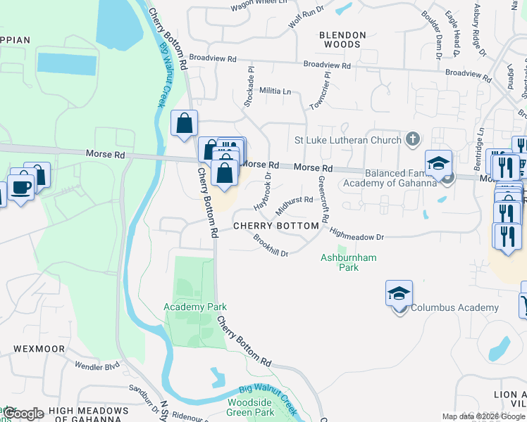 map of restaurants, bars, coffee shops, grocery stores, and more near 1355 Haybrook Drive in Columbus