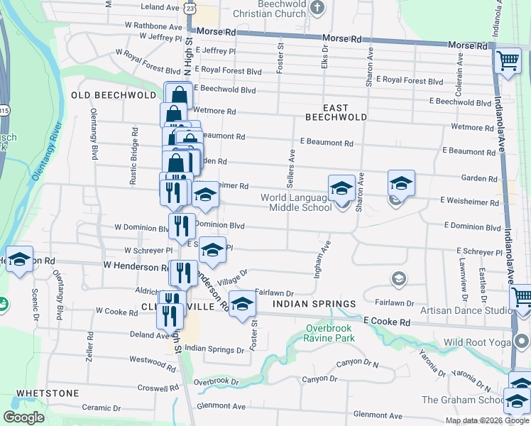 map of restaurants, bars, coffee shops, grocery stores, and more near 196 Desantis Drive in Columbus