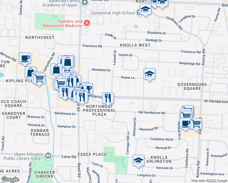 map of restaurants, bars, coffee shops, grocery stores, and more near 4751 Larwell Drive in Columbus