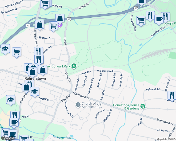 map of restaurants, bars, coffee shops, grocery stores, and more near 913 Irwin Avenue in Lancaster