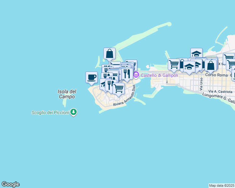 map of restaurants, bars, coffee shops, grocery stores, and more near 13 Via Cesare Battisti in Gallipoli