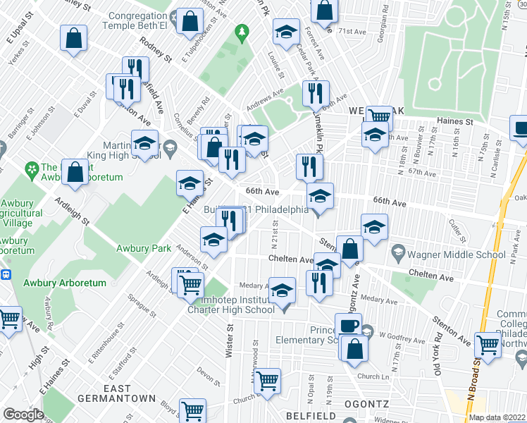 map of restaurants, bars, coffee shops, grocery stores, and more near 2110 Stenton Avenue in Philadelphia