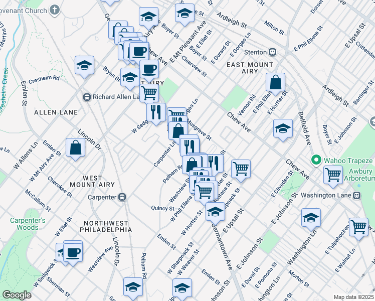 map of restaurants, bars, coffee shops, grocery stores, and more near 6769 Germantown Avenue in Philadelphia