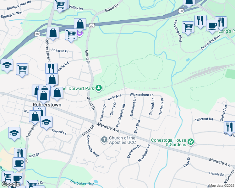 map of restaurants, bars, coffee shops, grocery stores, and more near 913 Irwin Avenue in Lancaster