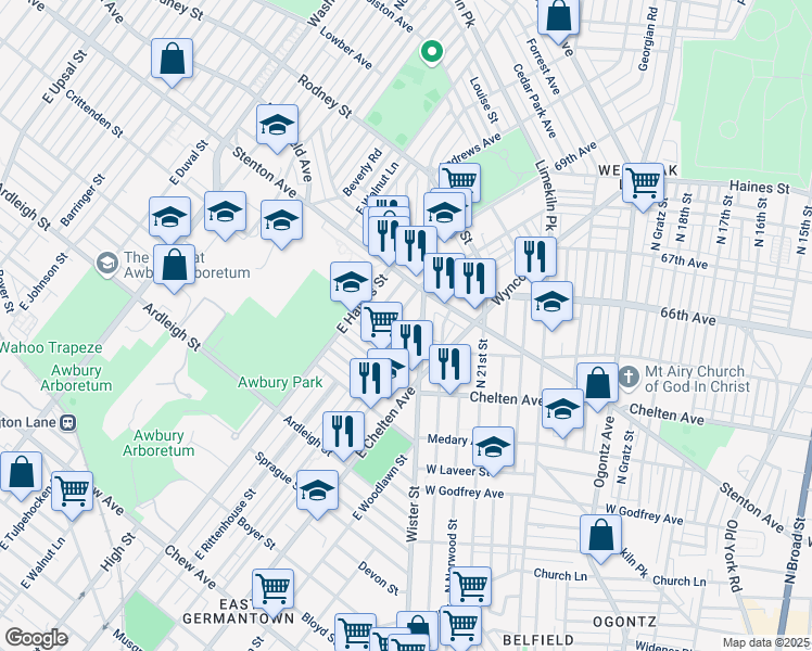 map of restaurants, bars, coffee shops, grocery stores, and more near 1337 East Price Street in Philadelphia