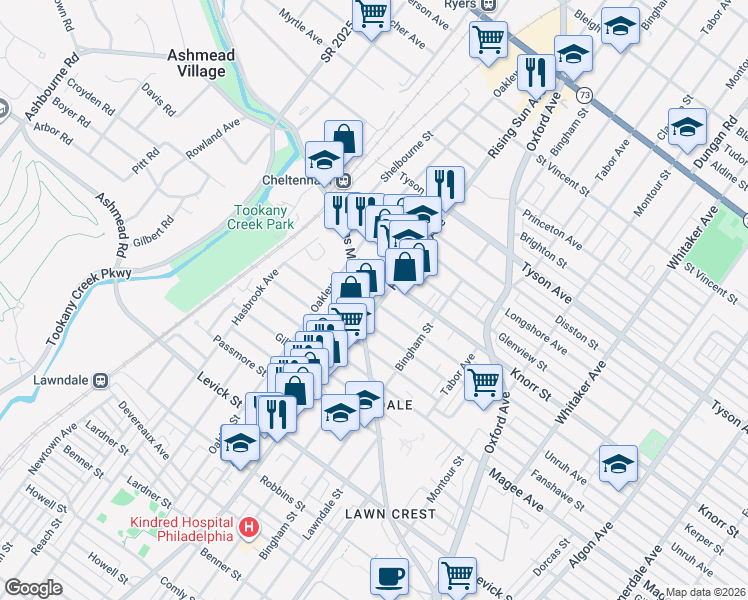map of restaurants, bars, coffee shops, grocery stores, and more near 6732 Rising Sun Avenue in Philadelphia