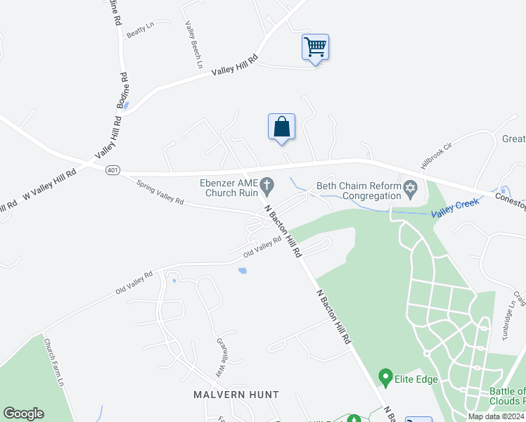 map of restaurants, bars, coffee shops, grocery stores, and more near 96 North Bacton Hill Road in Malvern