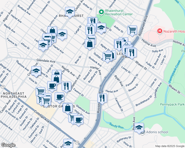map of restaurants, bars, coffee shops, grocery stores, and more near 7736 Bradford Street in Philadelphia