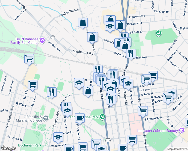 map of restaurants, bars, coffee shops, grocery stores, and more near 124 Manheim Avenue in Lancaster