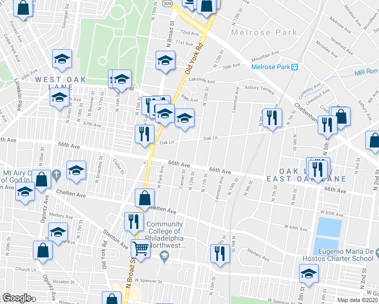 map of restaurants, bars, coffee shops, grocery stores, and more near 6608 North 12th Street in Philadelphia