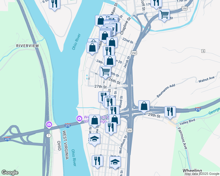 map of restaurants, bars, coffee shops, grocery stores, and more near 2698 Eoff Street in Wheeling