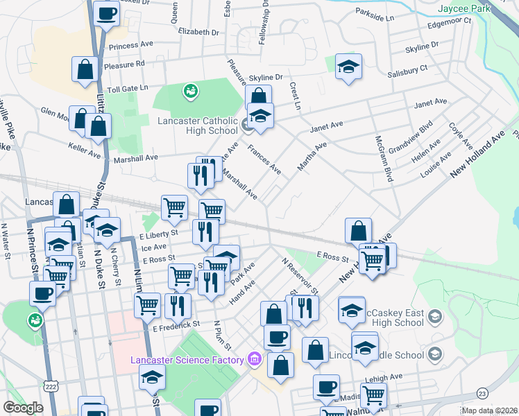 map of restaurants, bars, coffee shops, grocery stores, and more near 1025 Marshall Avenue in Lancaster