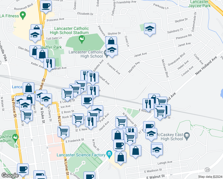 map of restaurants, bars, coffee shops, grocery stores, and more near 1004 Marshall Avenue in Lancaster
