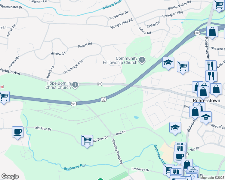 map of restaurants, bars, coffee shops, grocery stores, and more near 2529 Marietta Avenue in Lancaster