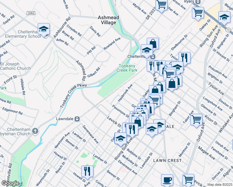 map of restaurants, bars, coffee shops, grocery stores, and more near 6476 Newtown Avenue in Philadelphia