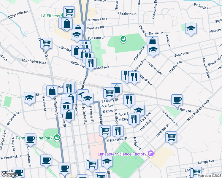 map of restaurants, bars, coffee shops, grocery stores, and more near 1121 Lititz Pike in Lancaster