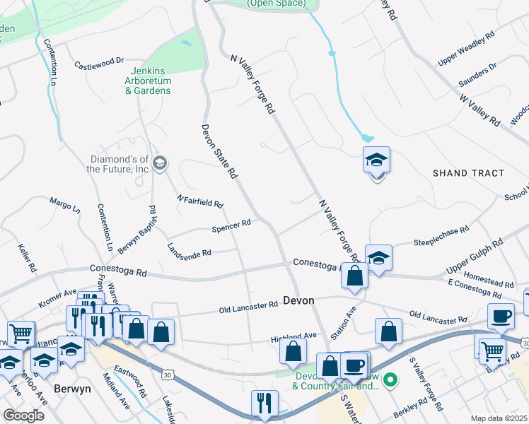 map of restaurants, bars, coffee shops, grocery stores, and more near 419 Devon State Road in Devon