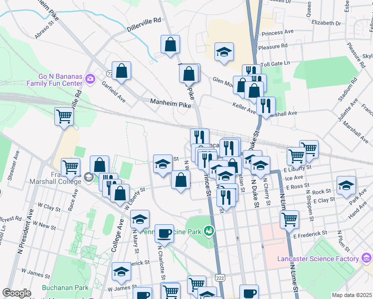 map of restaurants, bars, coffee shops, grocery stores, and more near 1125 North Water Street in Lancaster