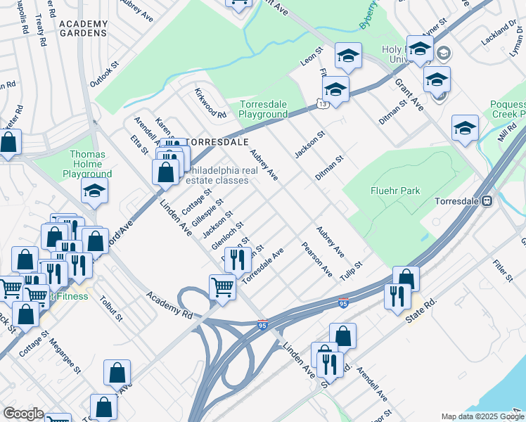 map of restaurants, bars, coffee shops, grocery stores, and more near 9335 Glenloch Street in Philadelphia