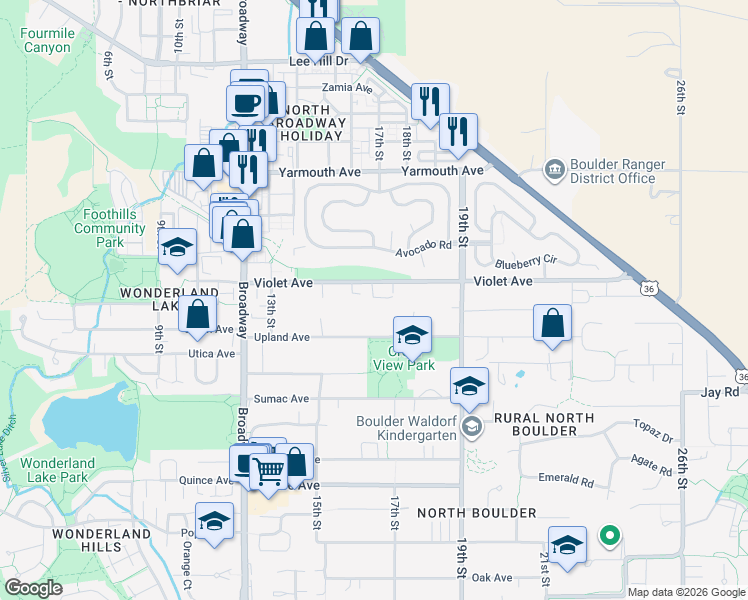 map of restaurants, bars, coffee shops, grocery stores, and more near 1604 Violet Avenue in Boulder