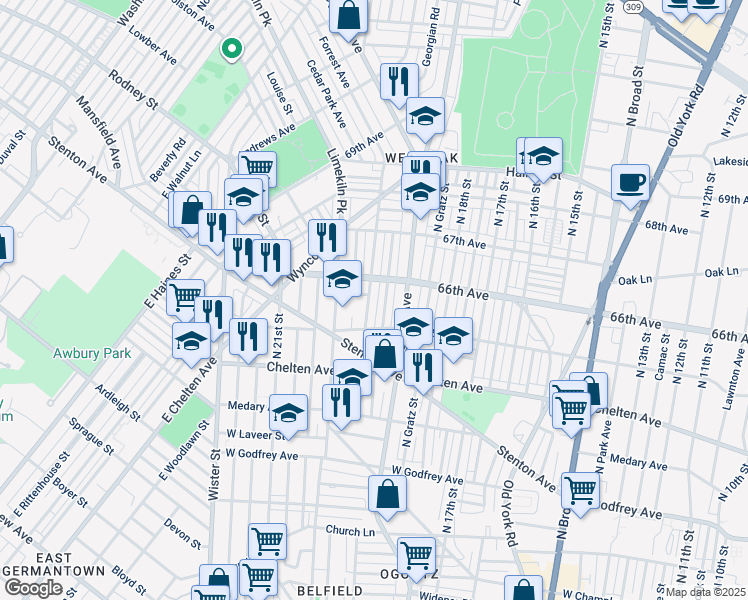 map of restaurants, bars, coffee shops, grocery stores, and more near 6539 North 20th Street in Philadelphia