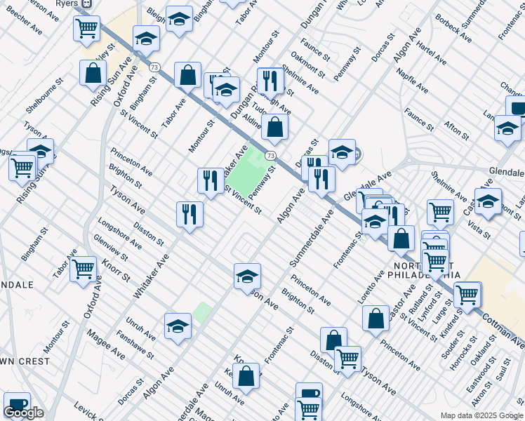 map of restaurants, bars, coffee shops, grocery stores, and more near 1019 Saint Vincent Street in Philadelphia