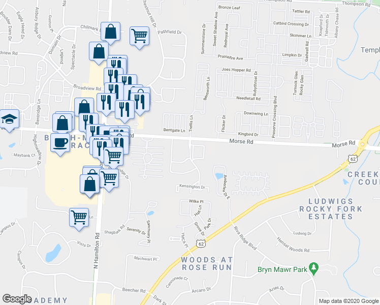 map of restaurants, bars, coffee shops, grocery stores, and more near 1388 Underwood Farms Boulevard in Gahanna