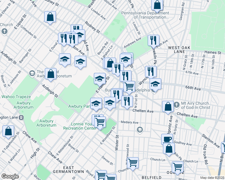 map of restaurants, bars, coffee shops, grocery stores, and more near 1330 East Rittenhouse Street in Philadelphia
