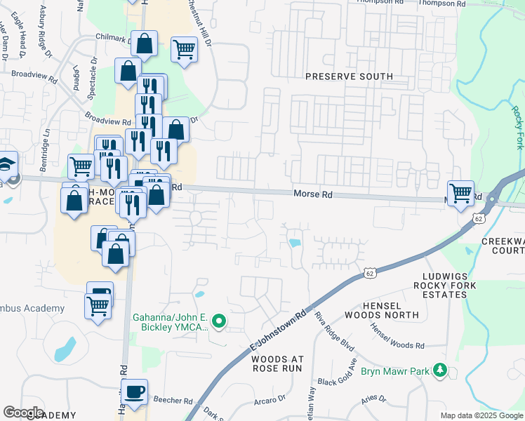 map of restaurants, bars, coffee shops, grocery stores, and more near 1400 Hollybrier 312 Drive in Gahanna
