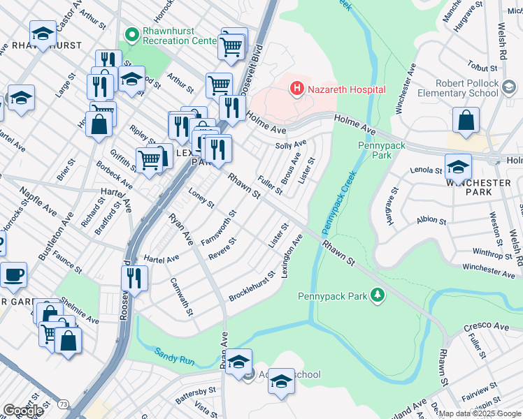 map of restaurants, bars, coffee shops, grocery stores, and more near 7929 Revere Street in Philadelphia