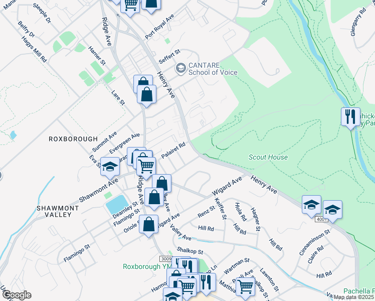 map of restaurants, bars, coffee shops, grocery stores, and more near 7708 Henry Avenue in Philadelphia