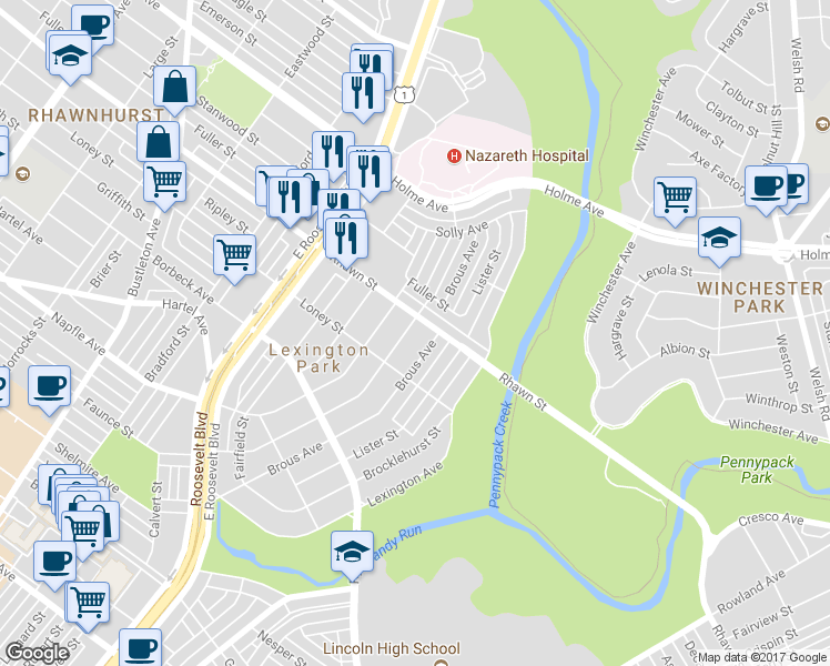 map of restaurants, bars, coffee shops, grocery stores, and more near 7929 Revere Street in Philadelphia