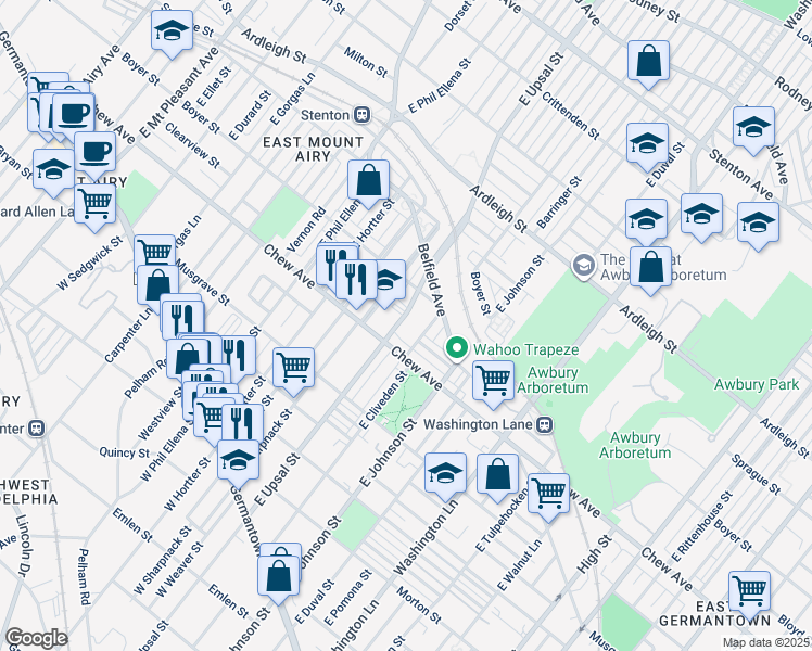 map of restaurants, bars, coffee shops, grocery stores, and more near 386 1/2 East Upsal Street in Philadelphia