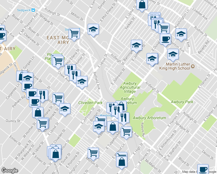 map of restaurants, bars, coffee shops, grocery stores, and more near 6400 Boyer Street in Philadelphia