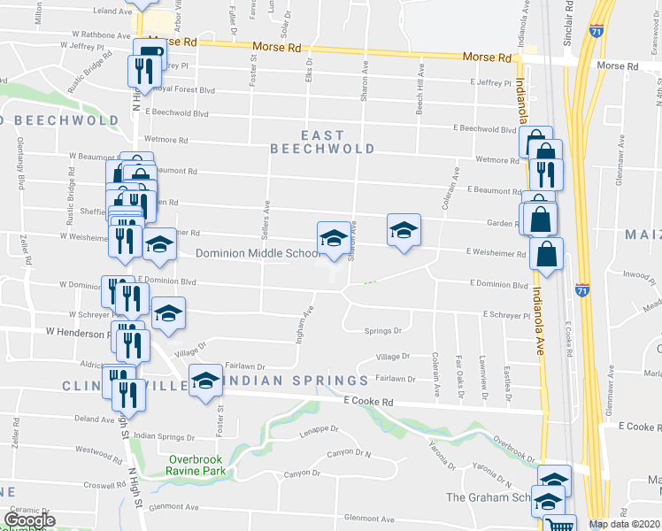map of restaurants, bars, coffee shops, grocery stores, and more near 330 East Dominion Boulevard in Columbus