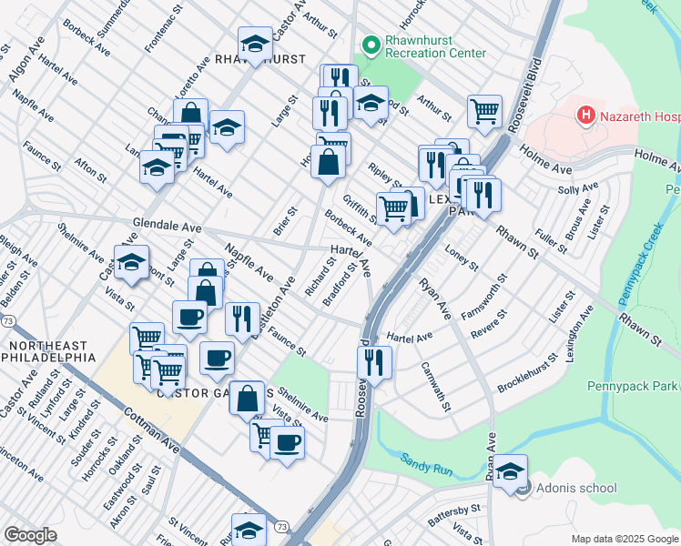map of restaurants, bars, coffee shops, grocery stores, and more near 7738 Bradford Street in Philadelphia