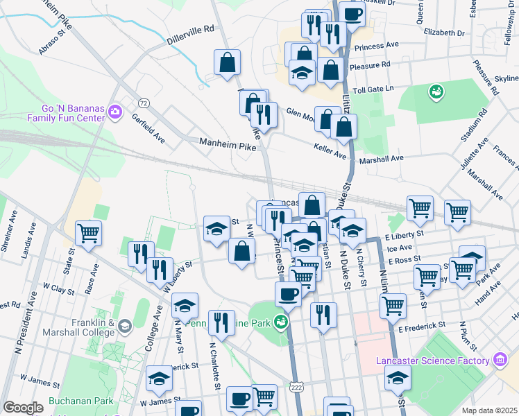 map of restaurants, bars, coffee shops, grocery stores, and more near 124 Manheim Avenue in Lancaster