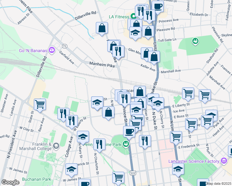 map of restaurants, bars, coffee shops, grocery stores, and more near 126 Manheim Avenue in Lancaster