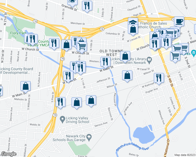 map of restaurants, bars, coffee shops, grocery stores, and more near 325 West Main Street in Newark