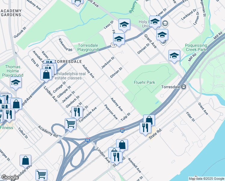 map of restaurants, bars, coffee shops, grocery stores, and more near 9550 Torresdale Avenue in Philadelphia