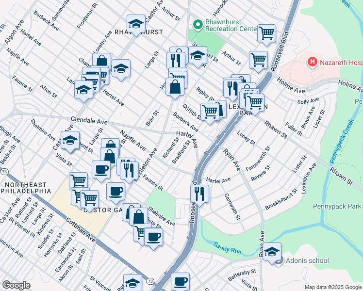 map of restaurants, bars, coffee shops, grocery stores, and more near 7738 Bradford Street in Philadelphia